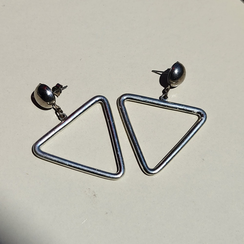 Vintage Triangle Drop Earrings Silver Tone Geometric Modernist Dangle Studs